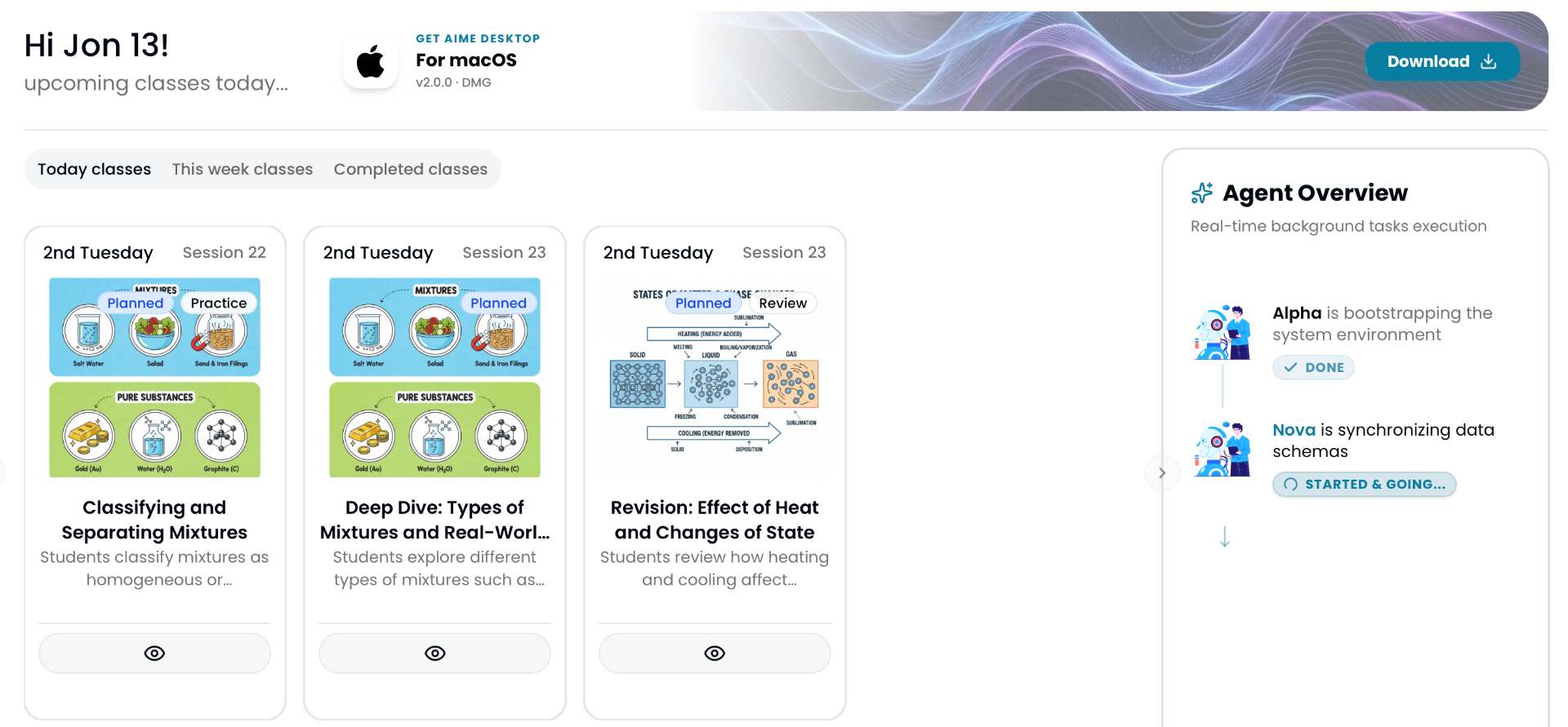 aime morning dashboard — today's classes already drafted