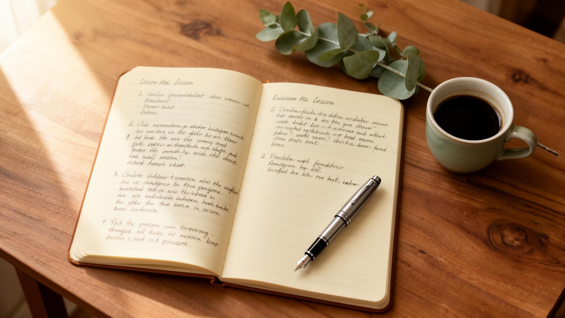 A teacher's desk with notebook and coffee
