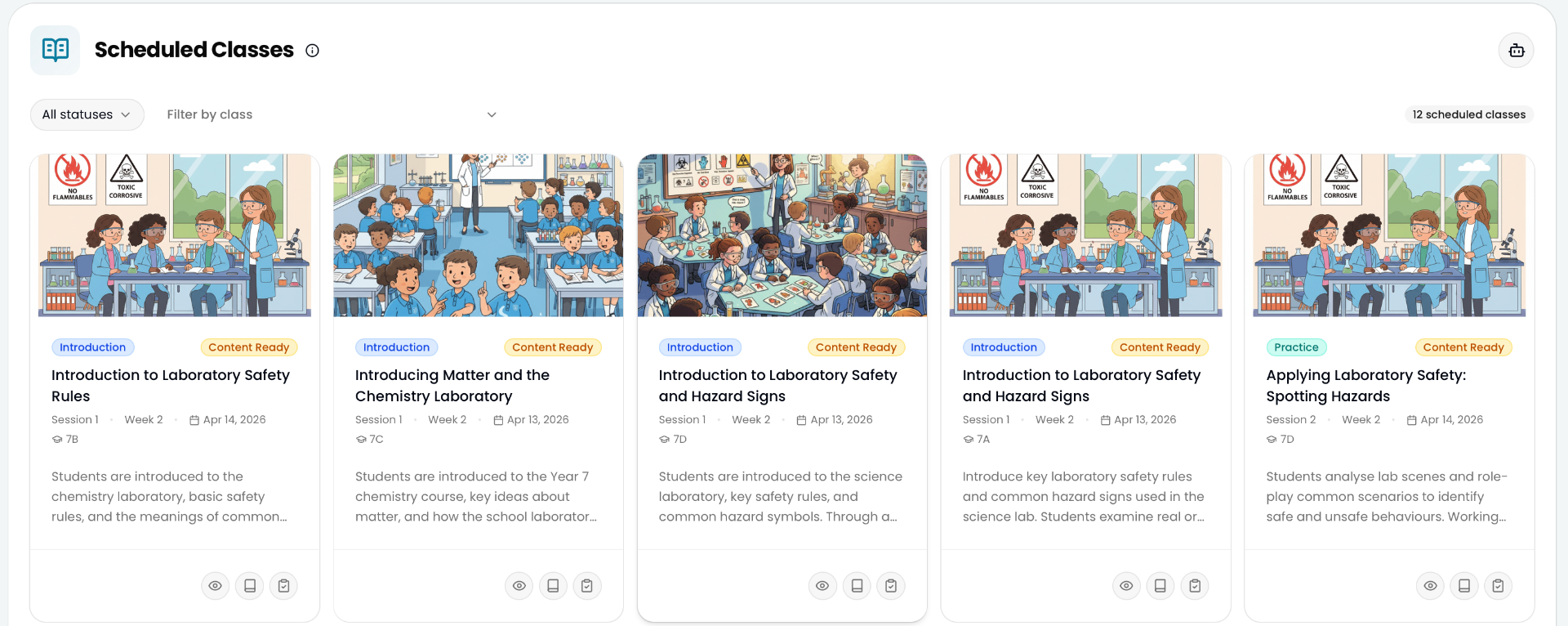 aime scheduled classes view — lessons generated per class per week